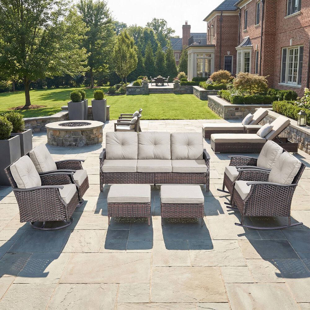 Sunwell Garden 17" Ottoman with Beige Cushion and Round Legs in Brown (Set of 2), , large