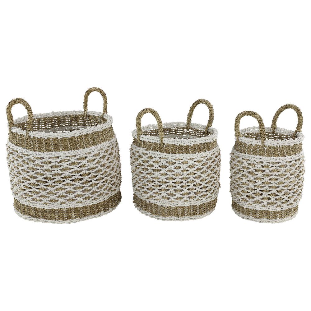 Maple and Jade Boho Plastic Storage Basket in Brown and White (Set of 3), , large