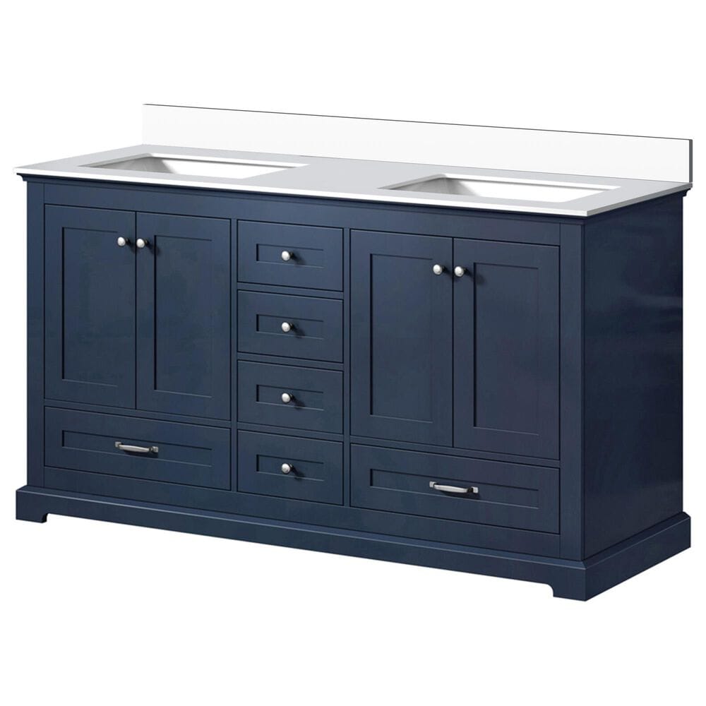 Lexora Home Dukes 60" Double Bathroom Vanity in Navy Blue with 2 cm White Cultured Marble Top and Rectangular Sinks, , large