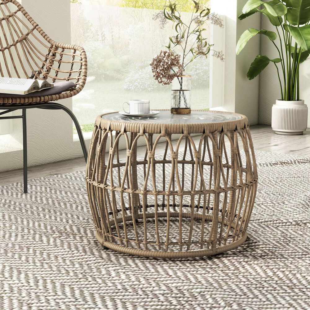 Furniture of America Serene Glass Top Round Patio Coffee Table in Natural, , large