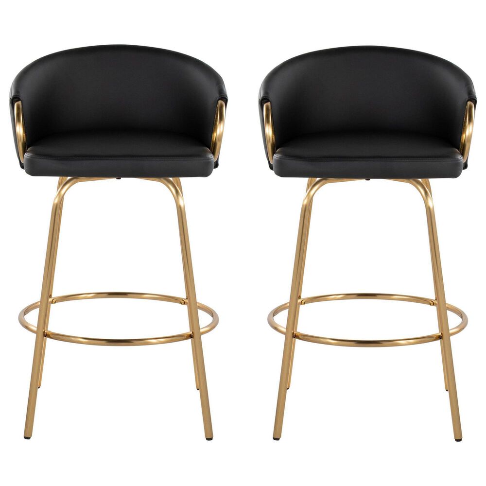 LumiSource Claire Swivel Counter Stool with Black Faux Leather Upholstery in Gold (Set of 2), , large