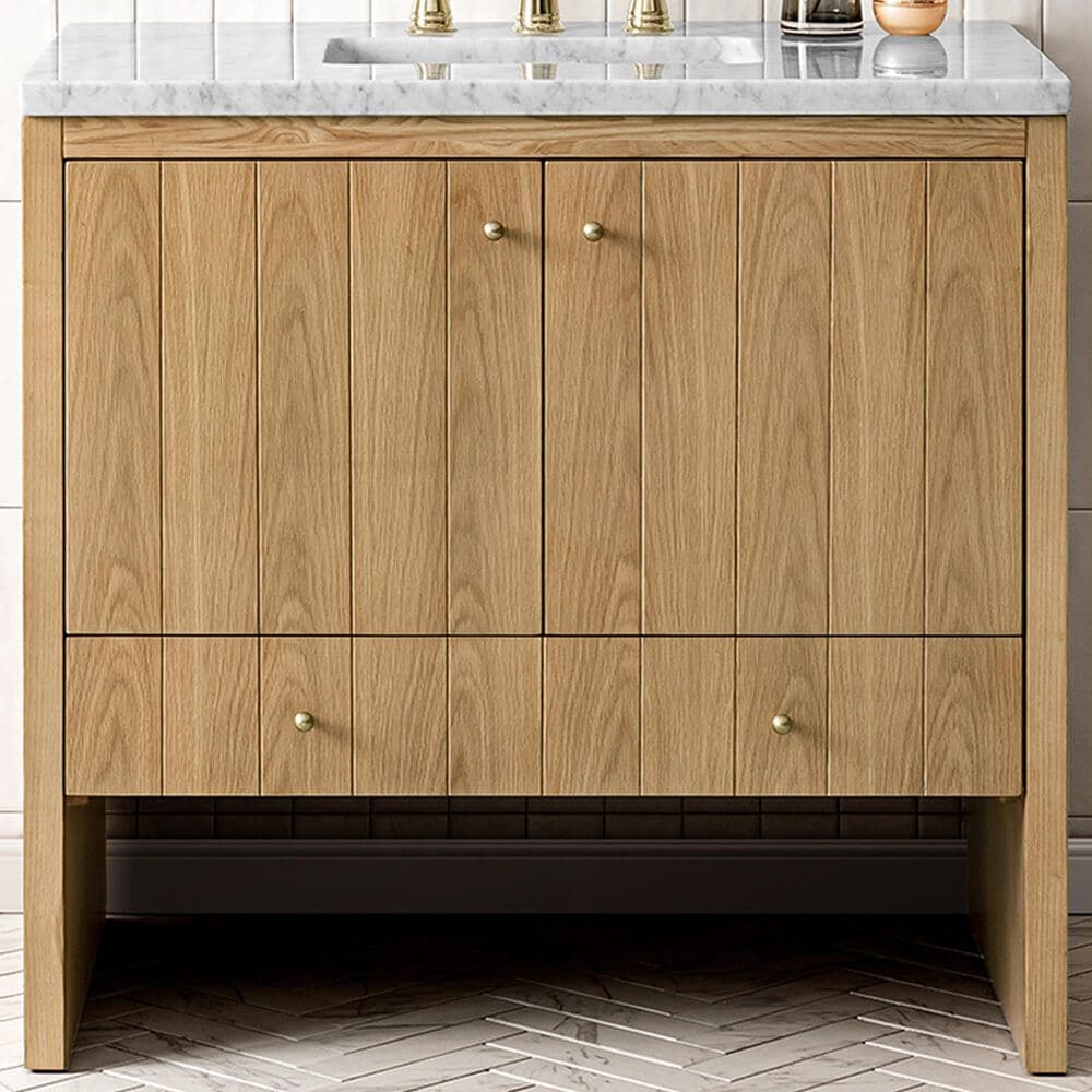 James Martin Vanities Hudson 36&quot; Single Bathroom Vanity in Light Natural Oak with 3 cm Carrara White Marble Top and Rectangular Sink, , large