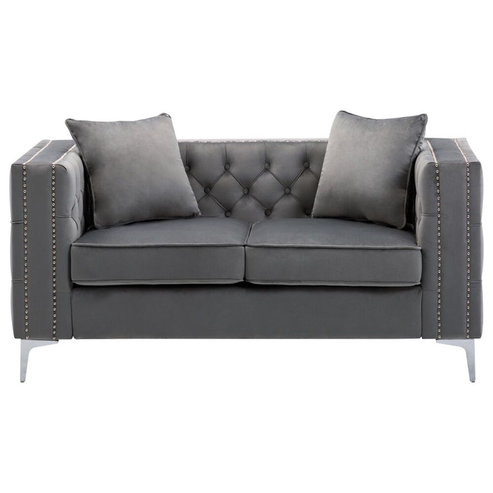 HOMLUX 63"W Transitional Velvet Loveseat with Button Tufting and Nailhead Trim in Grey, , large