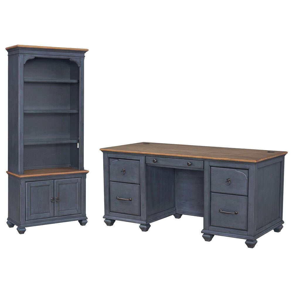 Legends Home Americana 2-Piece Executive Desk with Bookcase Pier Set in Corduroy Blue and Whiskey, , large