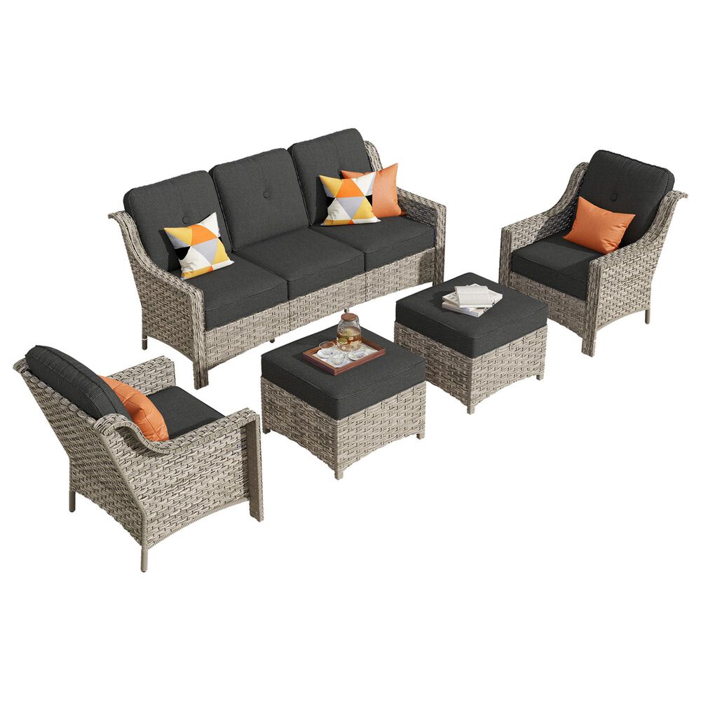 HOMLUX 5-Piece Patio Conversation Set with Two Ottomans in Black, , large