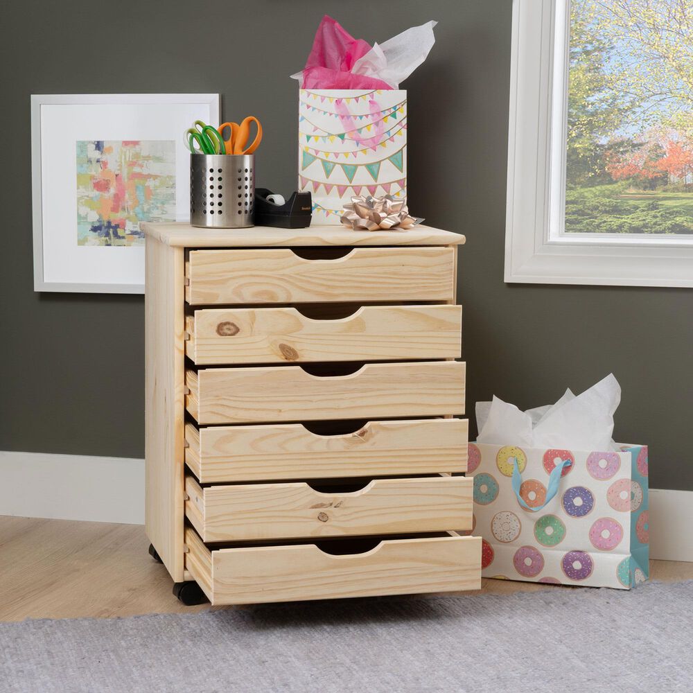 Linon Home Decor Cary 6-Drawer Wide Rolling Cart in Unfinished, , large
