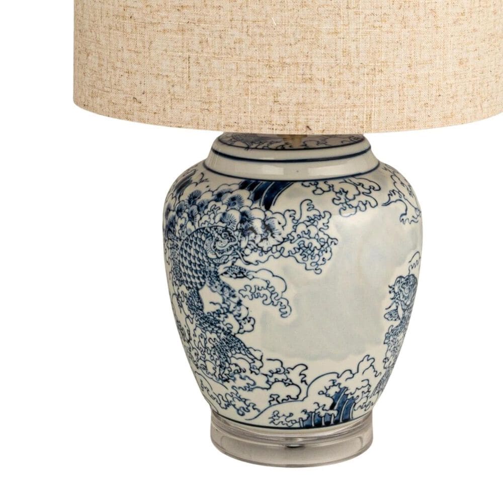 Teak Interiors Dapper Home Hand-Painted Ceramic Table Lamp with Linen Shade, Inline Switch in Blue and White, , large
