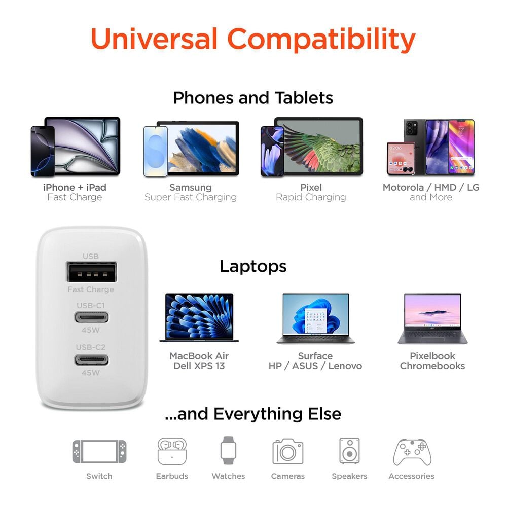 Hypercel 45W PD Wall Charger + 6ft USB-C to USB-C Cable in White, , large