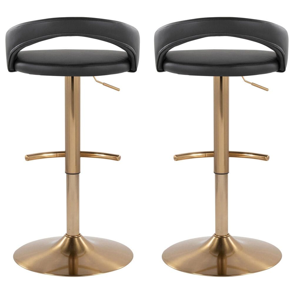 LumiSource Grotto Adjustable Bar Stool with Black Faux Leather Upholstery in Gold (Set of 2), , large