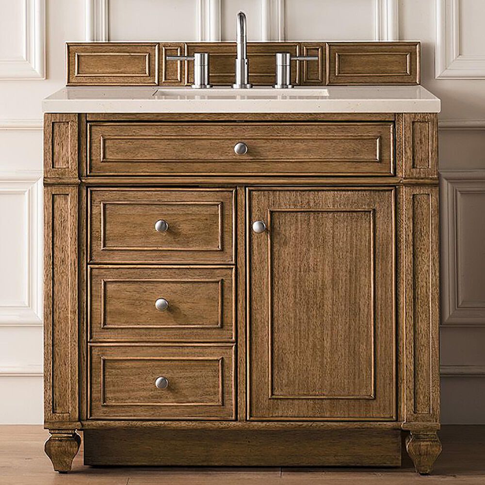 James Martin Vanities Bristol 36&quot; Single Bathroom Vanity in Saddle Brown with 3 cm Eternal Marfil Quartz Top and Rectangular Sink, , large
