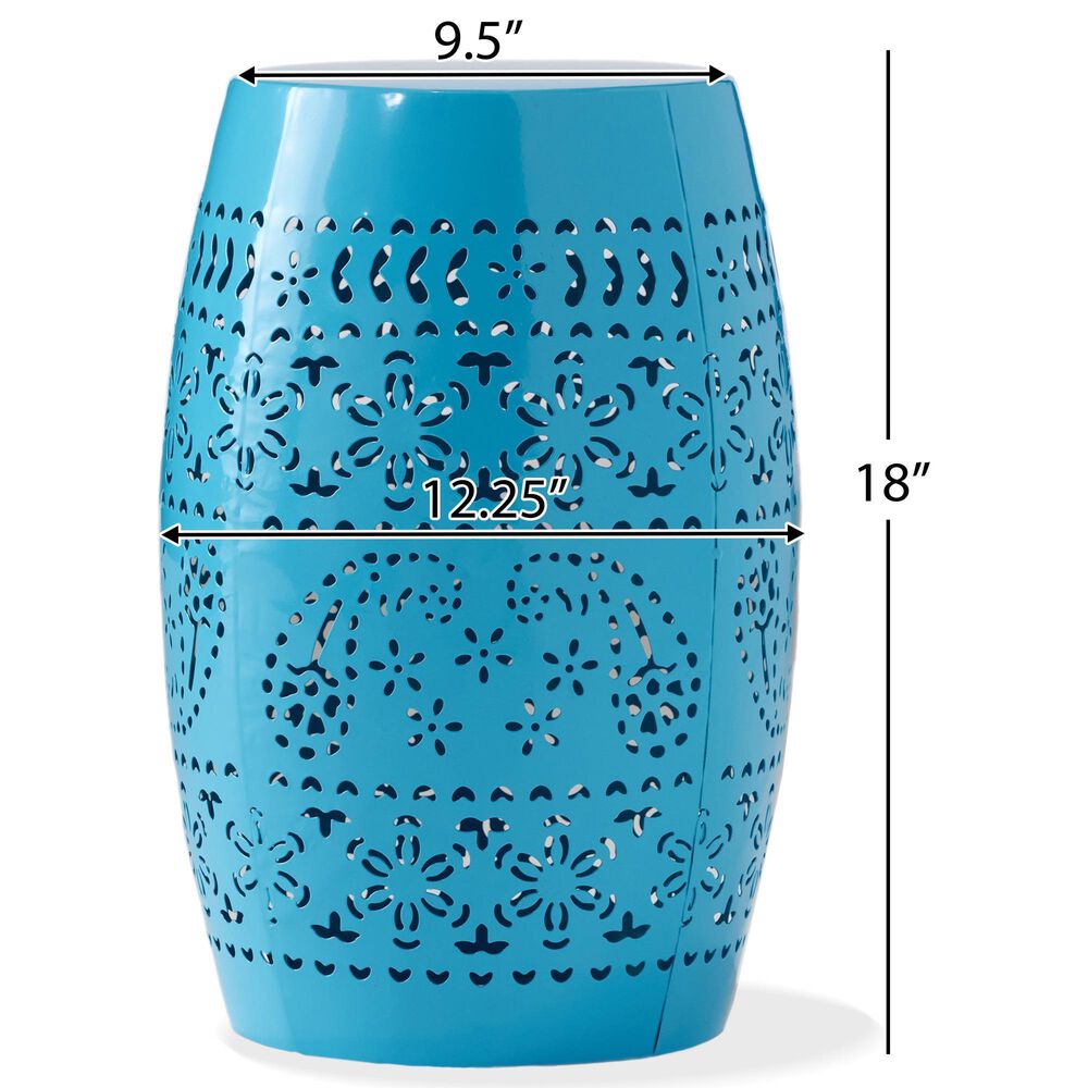 Hearth and Haven Ruby Outdoor Barrel End Table with Lace-Cut Design in Blue, , large