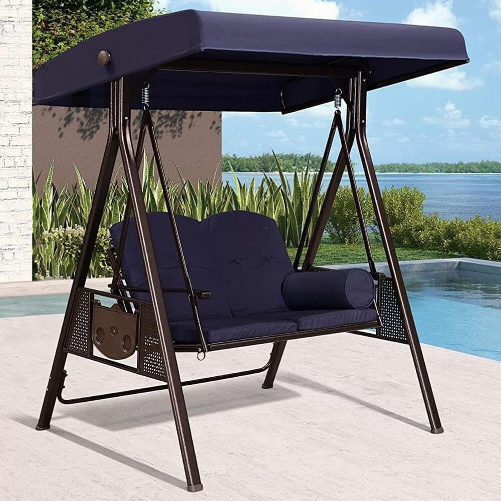 HOMLUX 2-Seat Outdoor Porch Swing with Adjustable Tilt Canopy and Foldable Tray in Navy Blue, , large