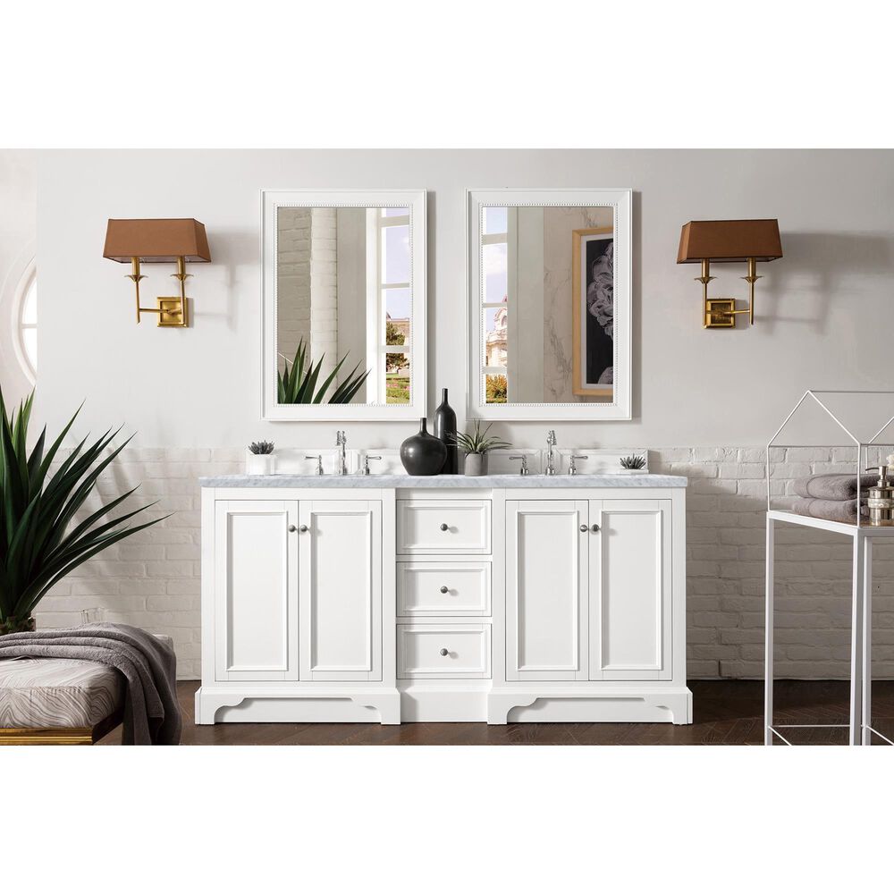 James Martin Vanities De Soto 72&quot; Double Bathroom Vanity in Bright White with 3 cm Carrara White Marble Top and Rectangular Sinks, , large