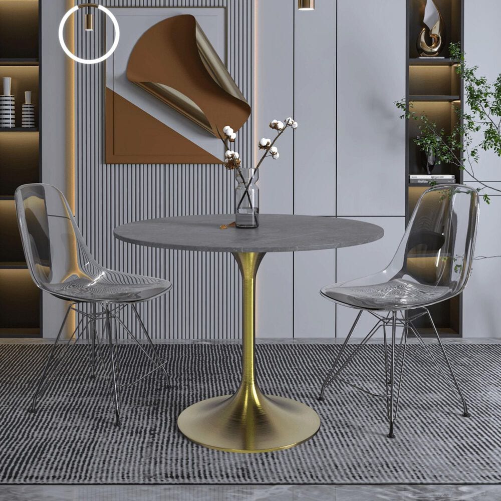 Leisuremod LeisureMod Verve Collection 36 Round Dining Table, Brushed Gold Base with Sintered Stone Grey Top, , large