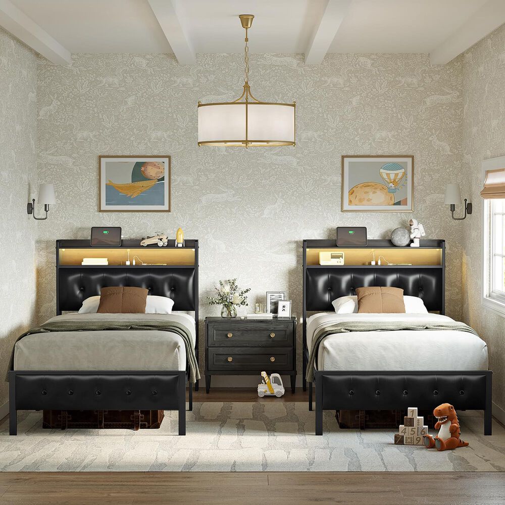 HOMLUX Twin Upholstered Bookcase Bed with LED Headboard with Charging Station in Black, , large