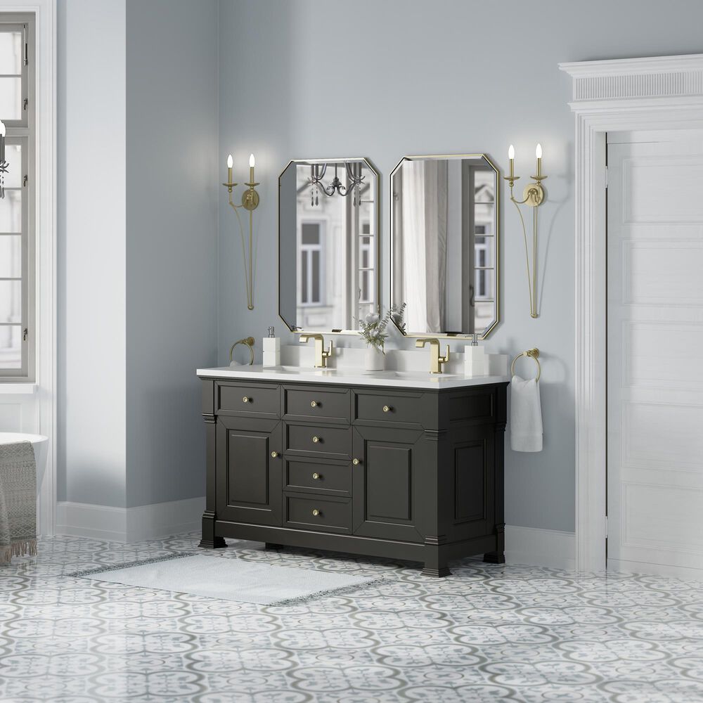 James Martin Vanities Brookfield 60&quot; Double Bathroom Vanity in Black Onyx with Single Hole 3 cm White Zeus Quartz Top and Rectangular Sinks, , large