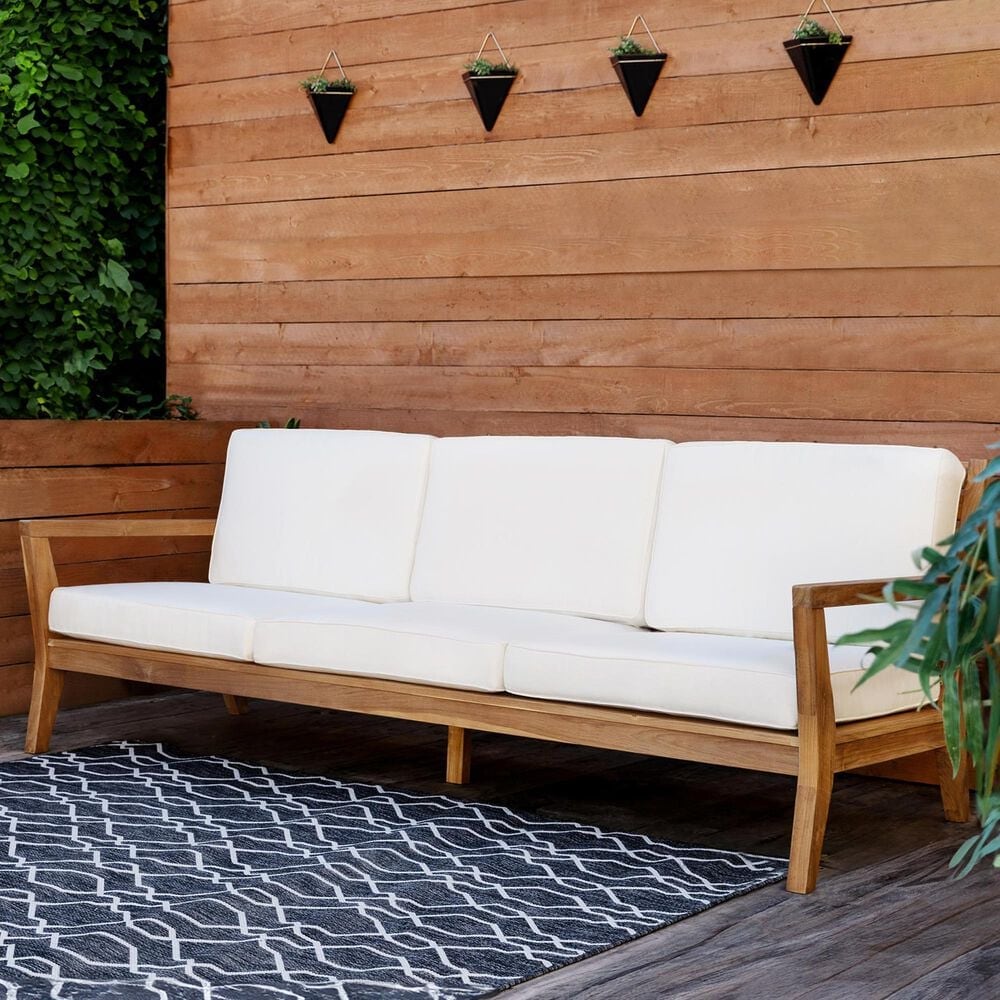 Linon Home Decor Carenen Outdoor 3-Seat Sofa with White Cushions in Natural, , large