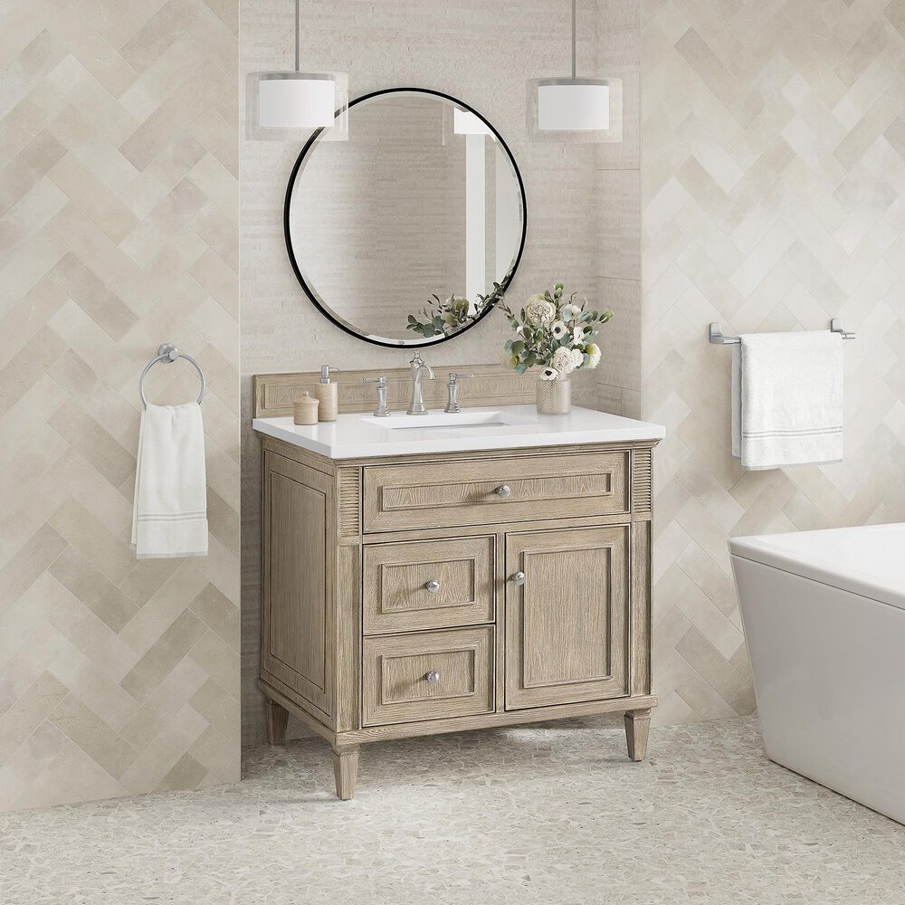 James Martin Vanities Lorelai 36&quot; Single Vanity in Whitewashed Oak with 3 cm White Zeus Quartz Top, , large