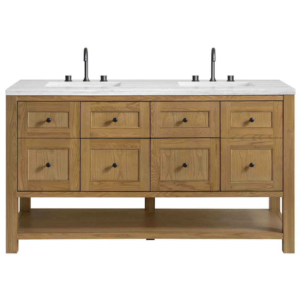 James Martin Vanities Breckenridge 60" Double Bathroom Vanity in Light Natural Oak with 3 cm Arctic Fall Solid Surface Top and Rectangular Sinks, , large