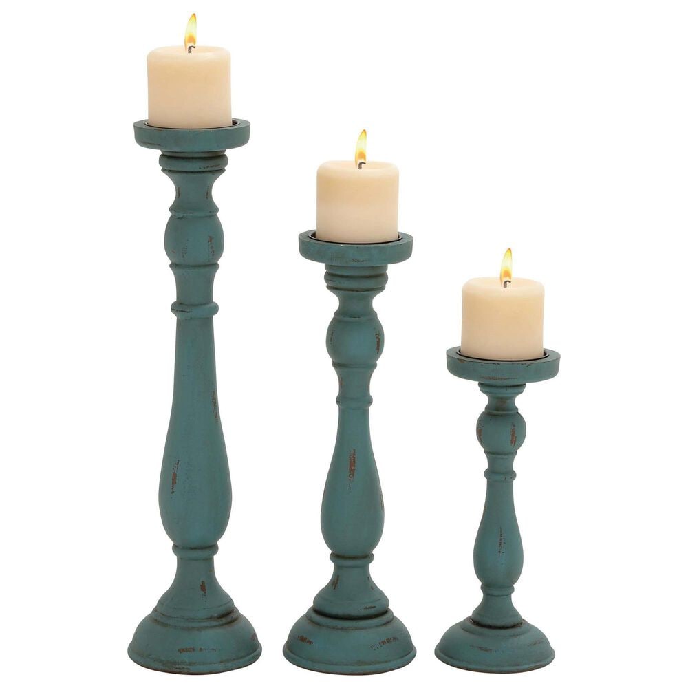 Maple and Jade Turned Pillar Decorative Candle Holder in Distressed Teal and Brown &#40;Set of 3&#41;, , large