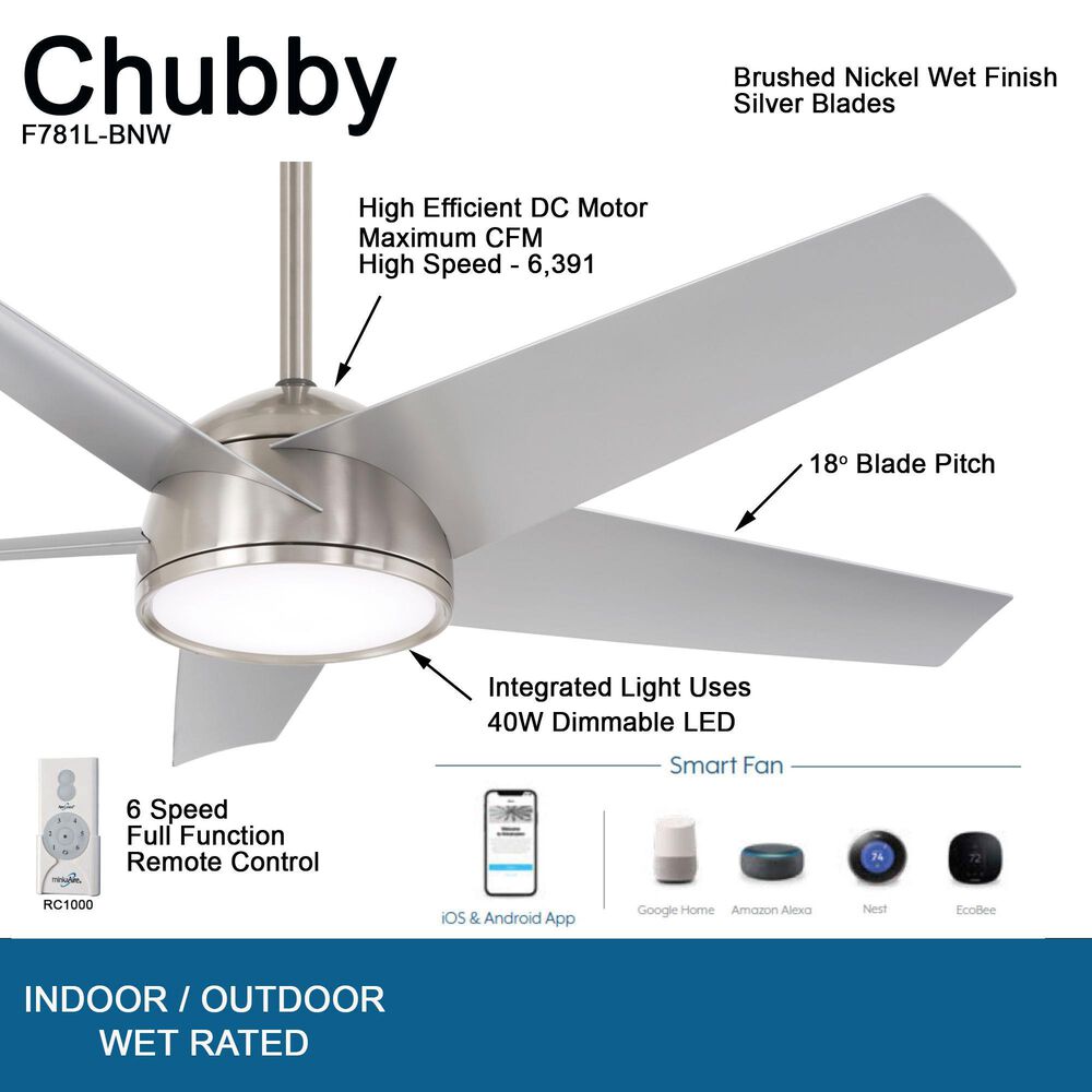 Minka-Aire Chubby 58" Smart Indoor/Outdoor Ceiling Fan in Brushed Nickel Wet, , large