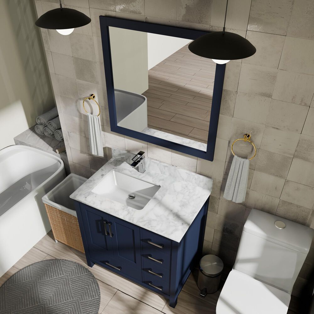 Lexora Home Jacques 36" Left Offset Single Bathroom Vanity in Navy Blue with 2 cm White Carrara Marble Top and Rectangular Sink, , large