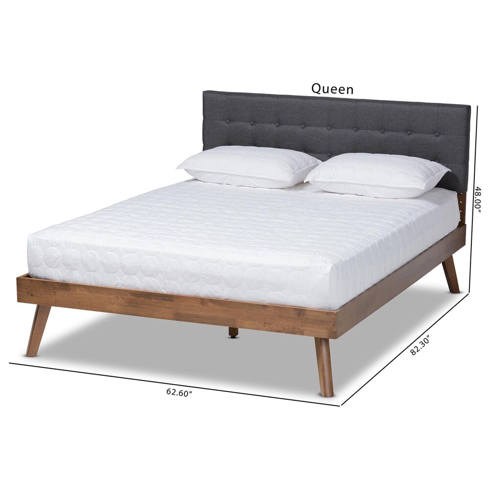 Baxton Studio Devan Queen Platform Bed with Dark Grey Fabric in Walnut Brown, , large