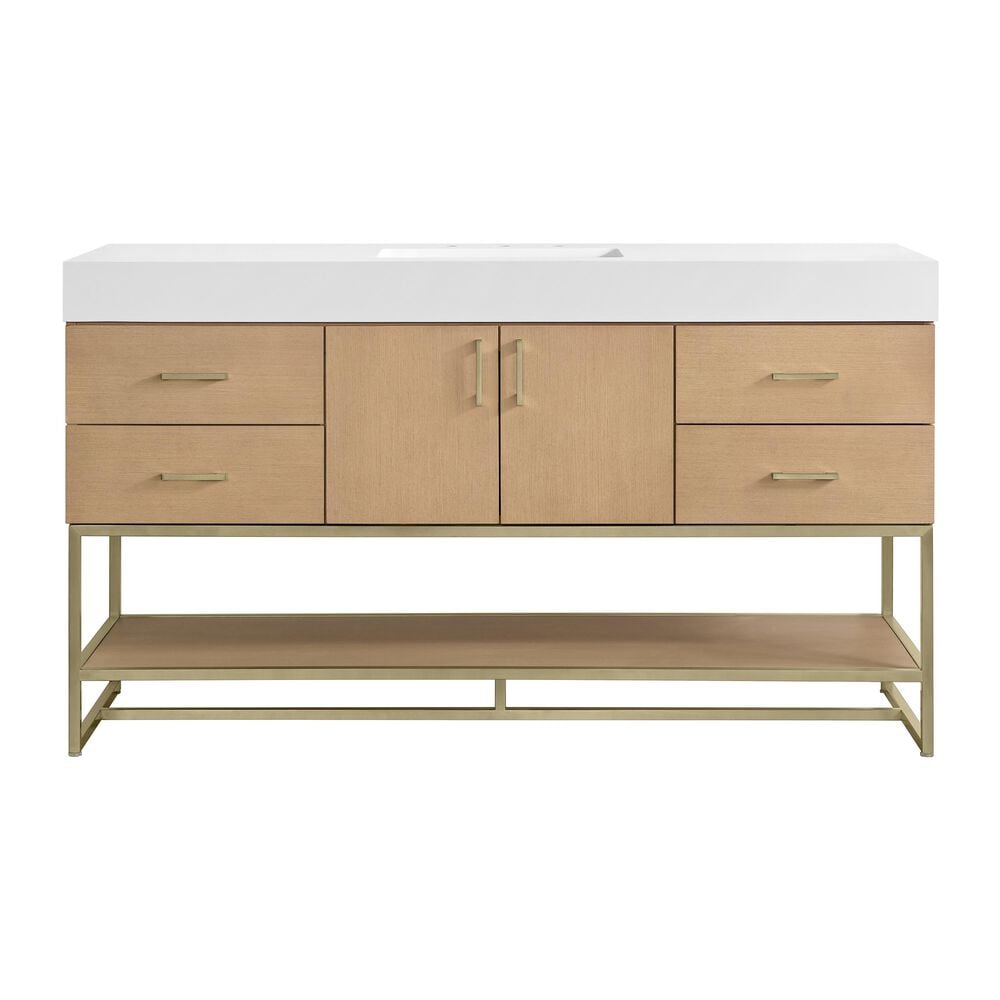 37B Mauri 60" Single Bathroom Vanity with Metal Base in Warm Oak and White Composite Stone Top, , large