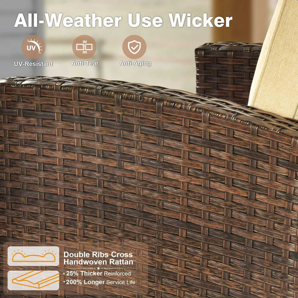 HOMLUX 6-Piece Patio Conversation Set with 42" Fire Pit Table and Light Brown Wicker in Beige, , large