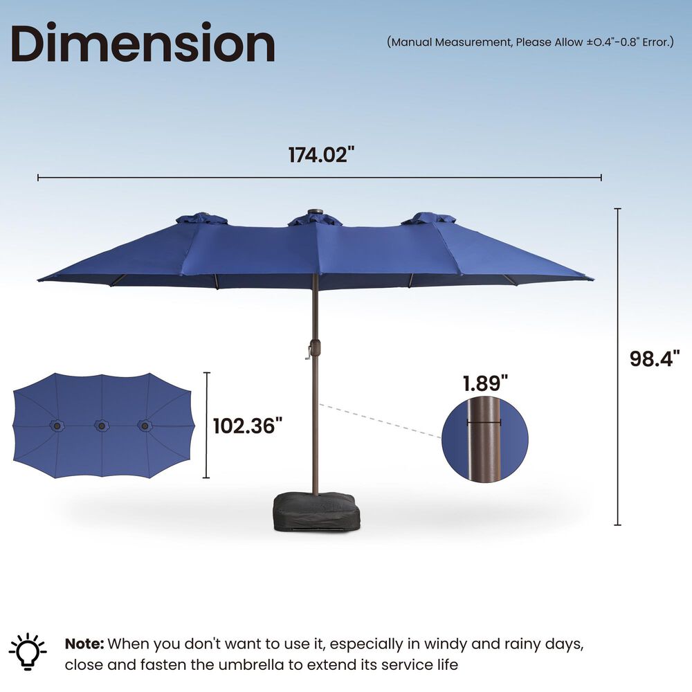 HOMLUX 15' Double-Sided Outdoor Market Umbrella with Sandbag Base and White LED Beads in Royal Blue, , large