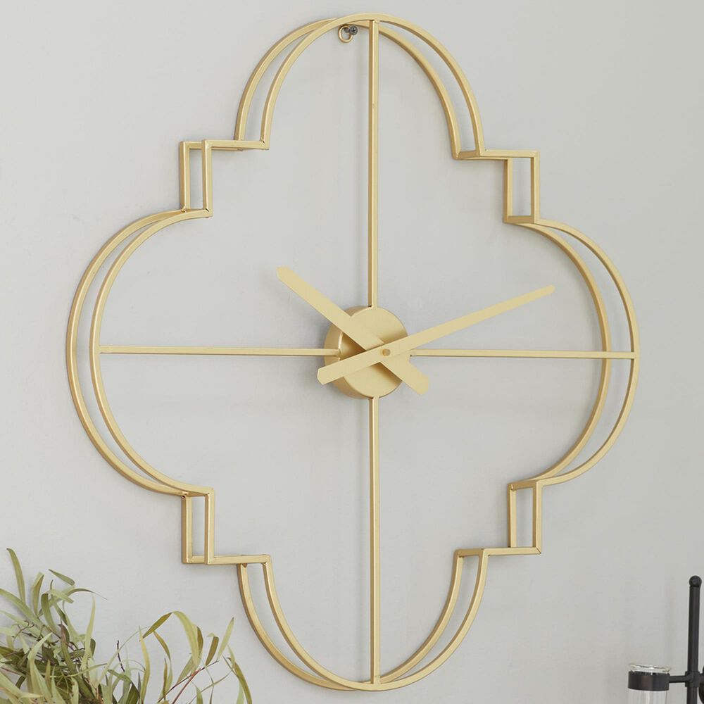 Maple and Jade Open Frame Quatrefoil Decorative Wall Clock in Satin Gold, , large