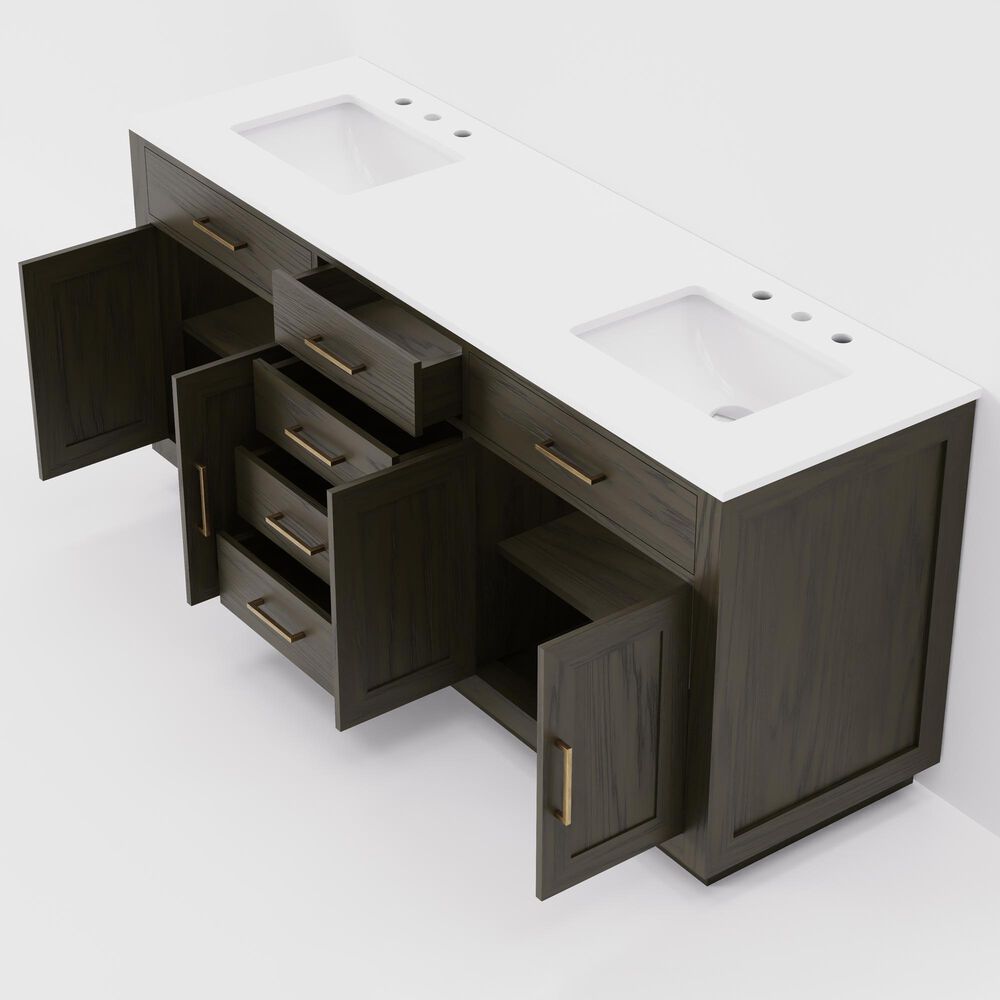 Lexora Home Abbey 72&quot; Double Bathroom Vanity in Brown Oak with 2 cm White Quartz Top and Rectangular Sinks, , large