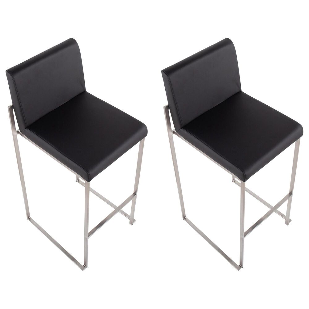 Lumisource Fuji High Back Barstool with Black Faux Leather in Stainless Steel &#40;Set of 2&#41;, , large