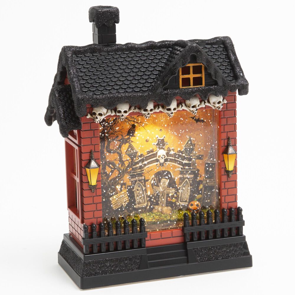The Gerson Company 10" Lighted Spinning Water Globe Haunted House in Black and Orange, , large