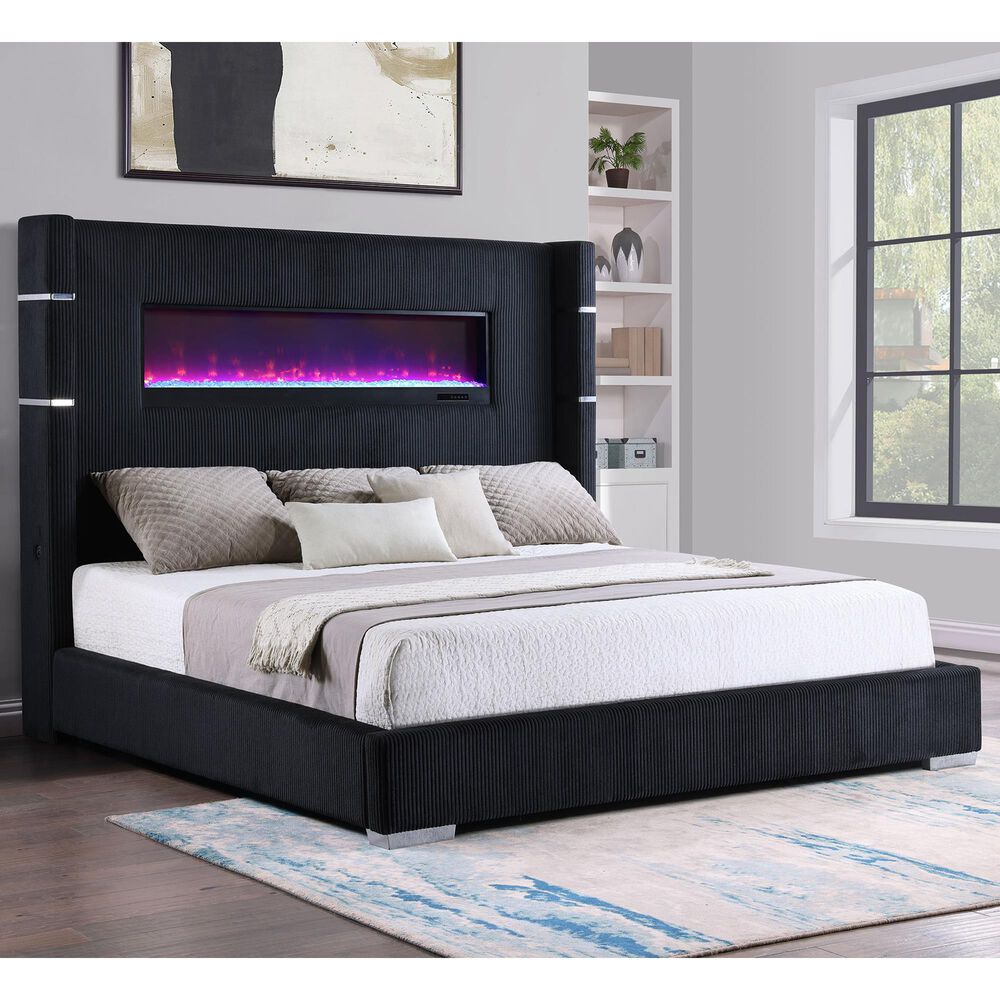 Coaster Tisdall Eastern King Upholstered Fireplace Bed in Black, , large