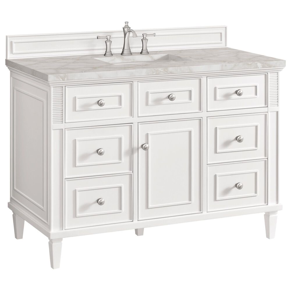 James Martin Vanities Lorelai 48" Single Vanity in Bright White with 3 cm Victorian Silver Quartz Top, , large