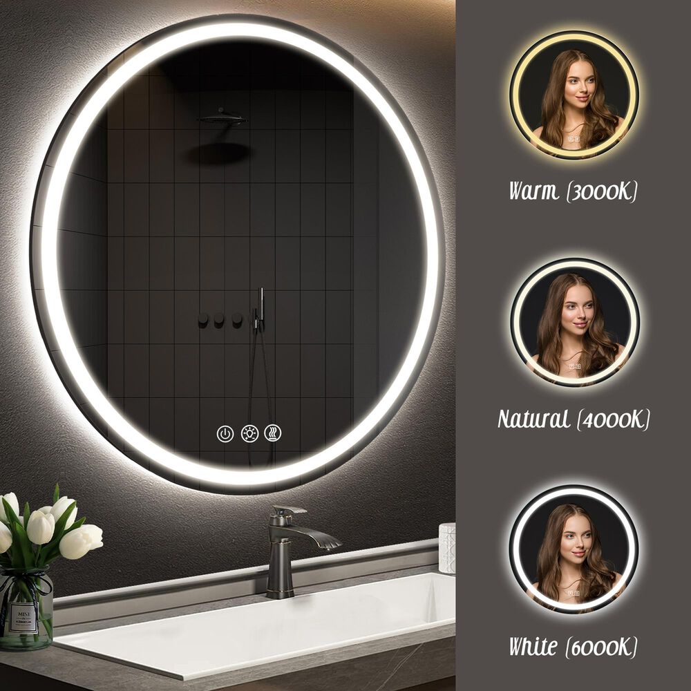 HOMLUX 32" Round LED Bathroom Makeup Mirror in Silver, , large