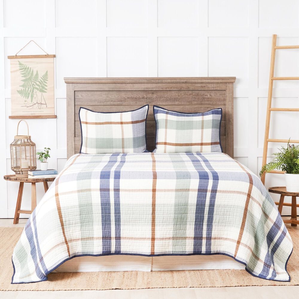 C and F Home Cypress Plaid 3-Piece Full/Queen Coverlet Set in Blue, Brown, White and Grey, , large
