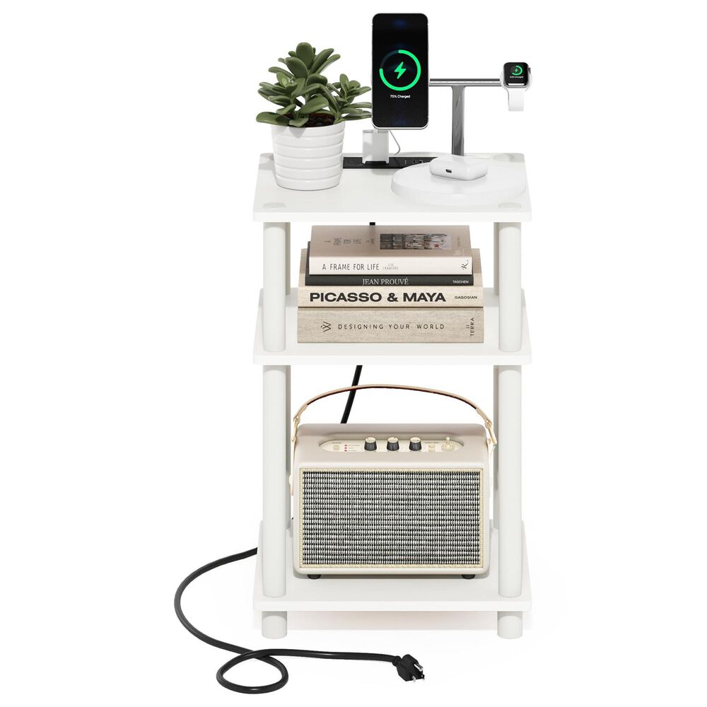HOMLUX 3-Tier Turn-N-Tube End Table with Charging Station in White, , large
