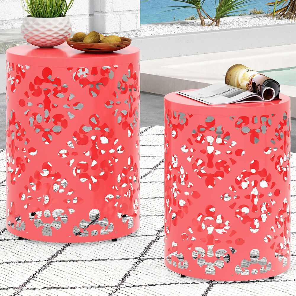 Hearth and Haven Outdoor End Table with Floral Pattern in Coral (Set of 2), , large