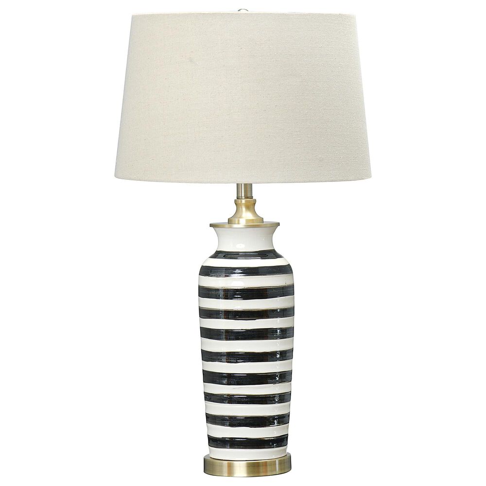 Creative Coop Striped Ceramic Table Lamp in Black, White and Brushed Gold, , large