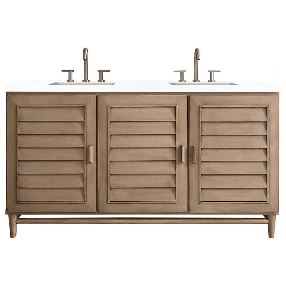 James Martin Vanities Portland 60" Double Bathroom Vanity in Whitewashed Walnut with 3 cm White Zeus Quartz Top and Rectangular Sinks, , large