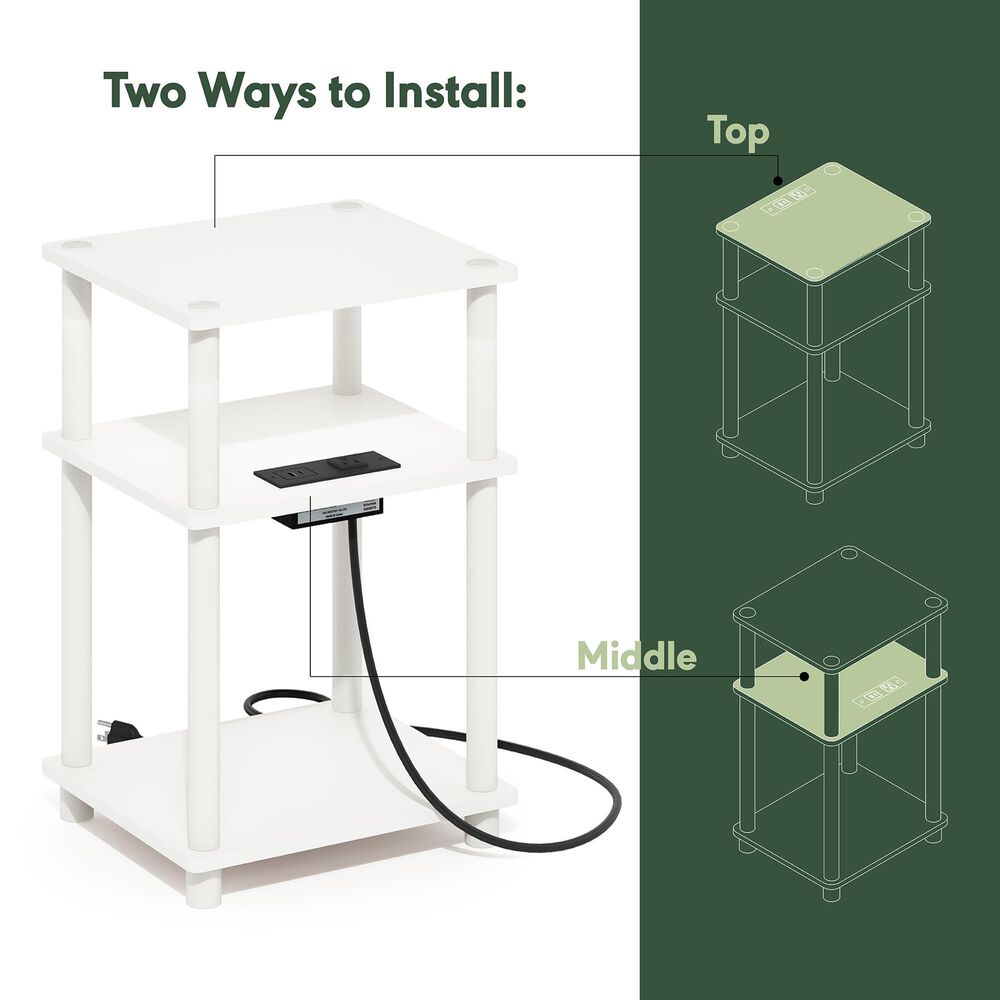 HOMLUX 3-Tier Turn-N-Tube End Table with Charging Station in White, , large
