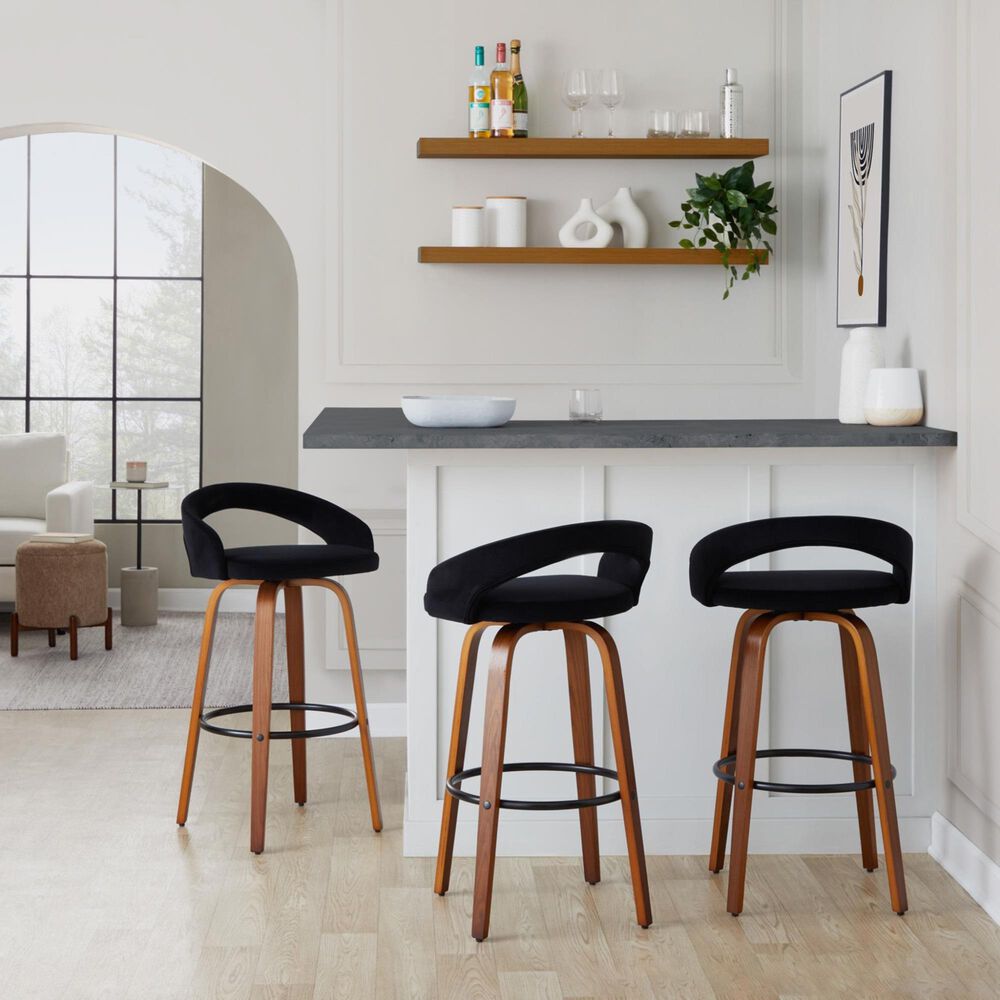 LumiSource Grotto Swivel Bar Stool with Black Velvet Upholstery in Walnut Wood and Black (Set of 2), , large