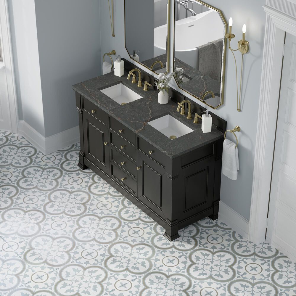 James Martin Vanities Brookfield 60&quot; Double Bathroom Vanity in Black Onyx with 3 cm Parisien Bleu Quartz Top and Rectangular Sinks, , large