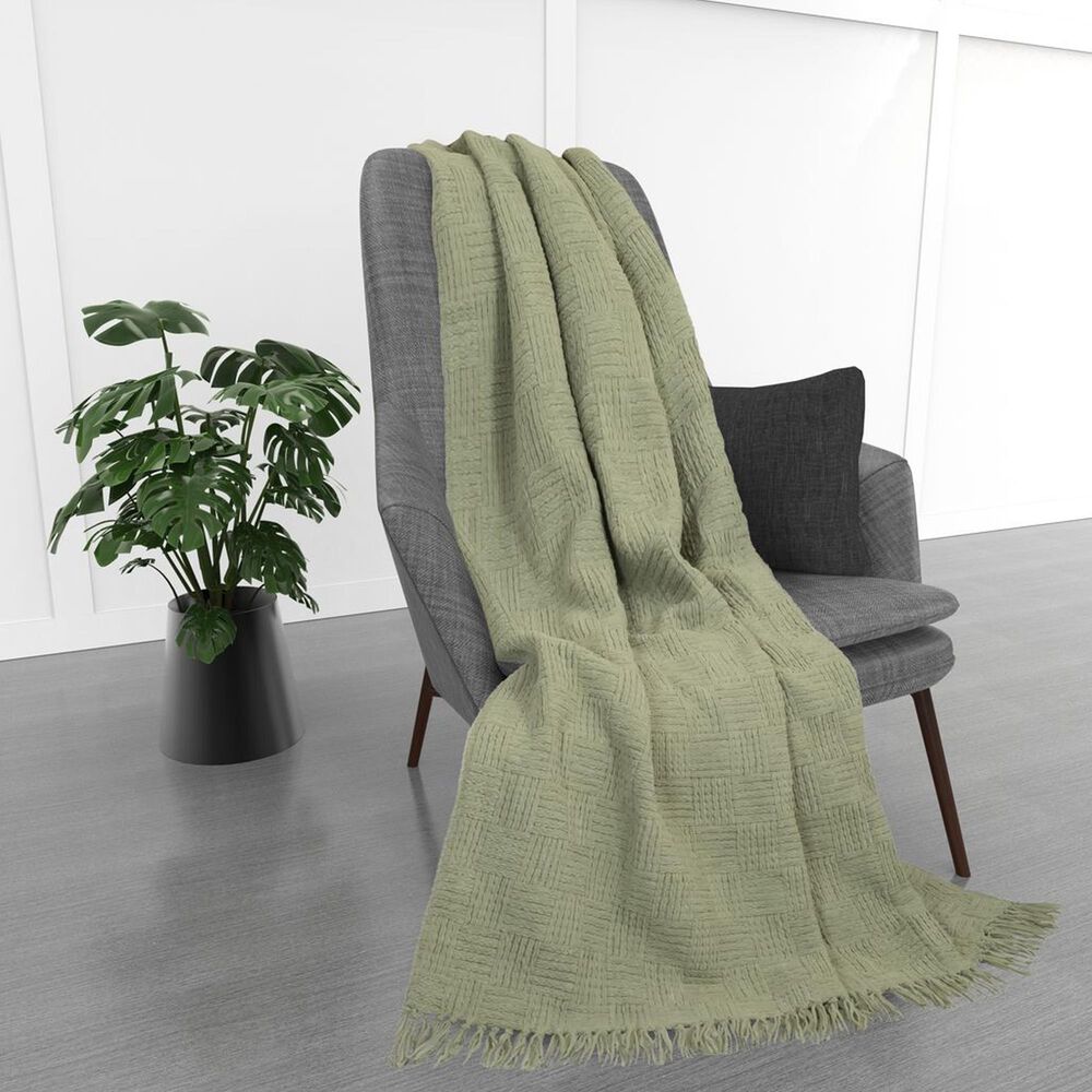Trade Linker 50" x 70" Chenille Polyester Fringed Basket Throw in Sage, , large
