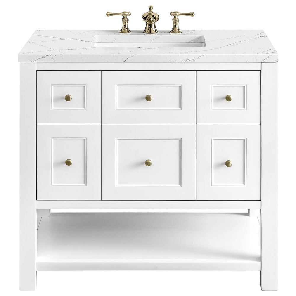 James Martin Vanities Breckenridge 36" Single Bathroom Vanity in Bright White with 3 cm Ethereal Noctis Quartz Top and Rectangular Sink, , large