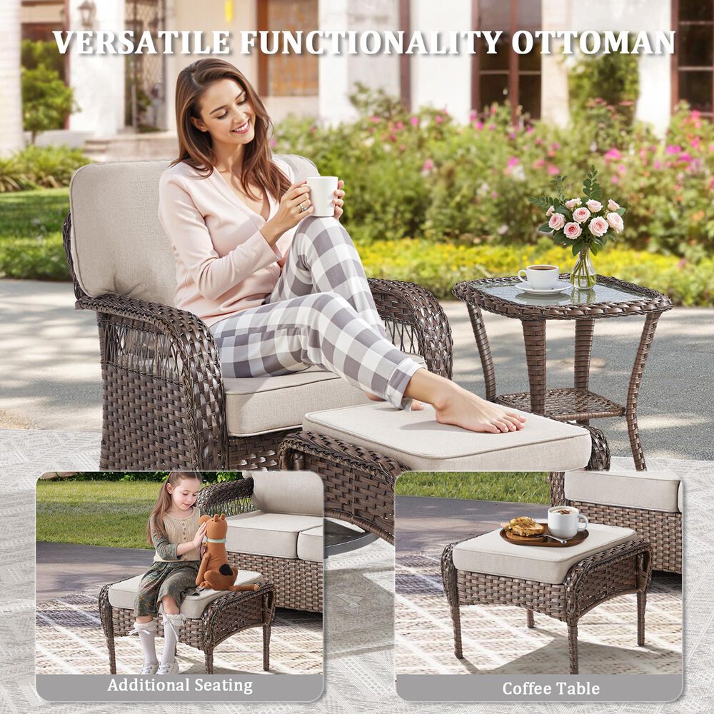 Hearth and Haven Patio Wicker Ottoman with Brown Rattan in Beige (Set of 2), , large