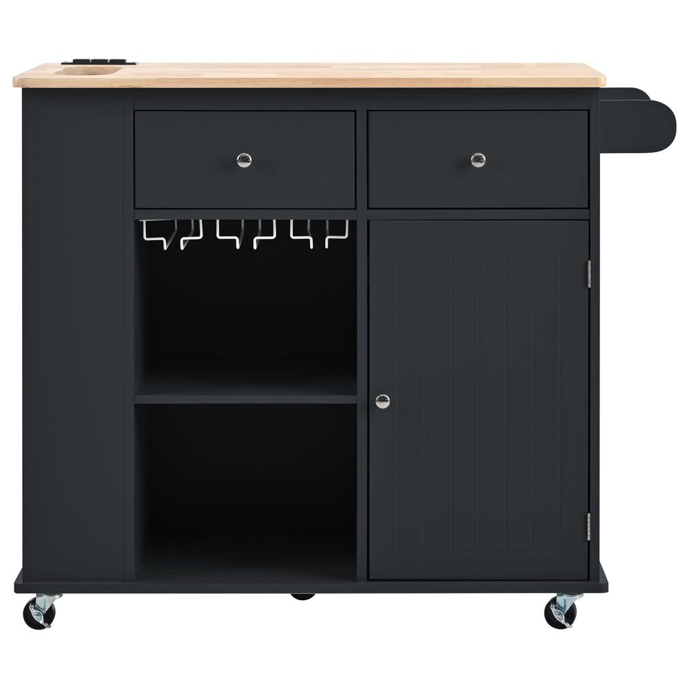 HOMLUX Kitchen Island with Power Outlet and Drop Leaf in Black, , large