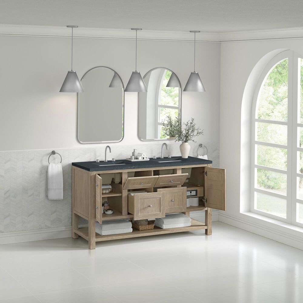 James Martin Vanities Breckenridge 60&quot; Double Bathroom Vanity in Whitewashed Oak with 3 cm Charcoal Soapstone Quartz Top and Rectangular Sinks, , large